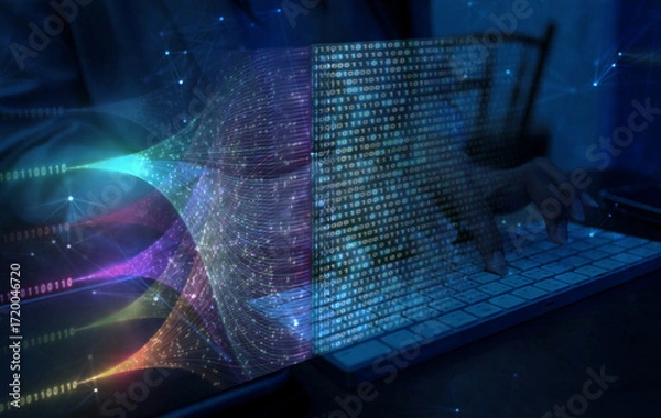 Fototapeta AI Neural Network Big Data Flow Visualization, Binary Code AIMatrix, AI Machine Learning Abstract Background, Quantum Computing, Cyber Security, Futuristic Technology Artificial Intelligence