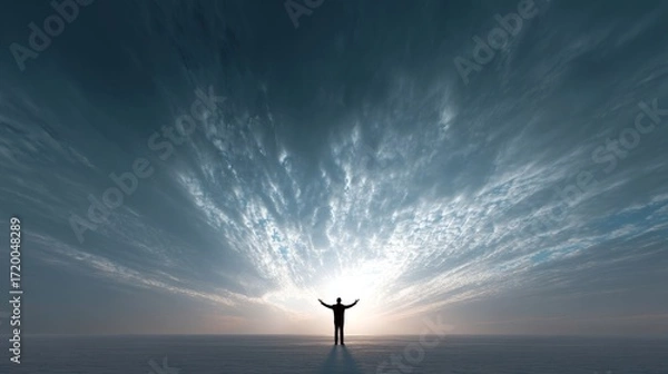 Fototapeta Executive with Open Arms Embracing Opportunity in a Vast, Dramatic Sky