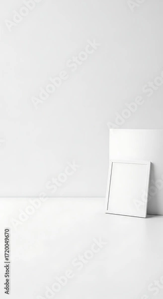 Fototapeta Empty White Photo Frame Against a Wall in a Bright Minimalist Studio