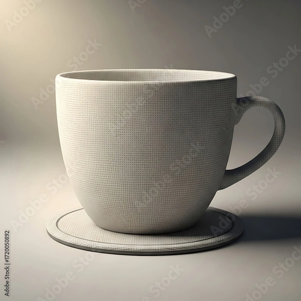 Fototapeta Modern White Ceramic Mug with Geometric Grid Texture on a Round Coaster