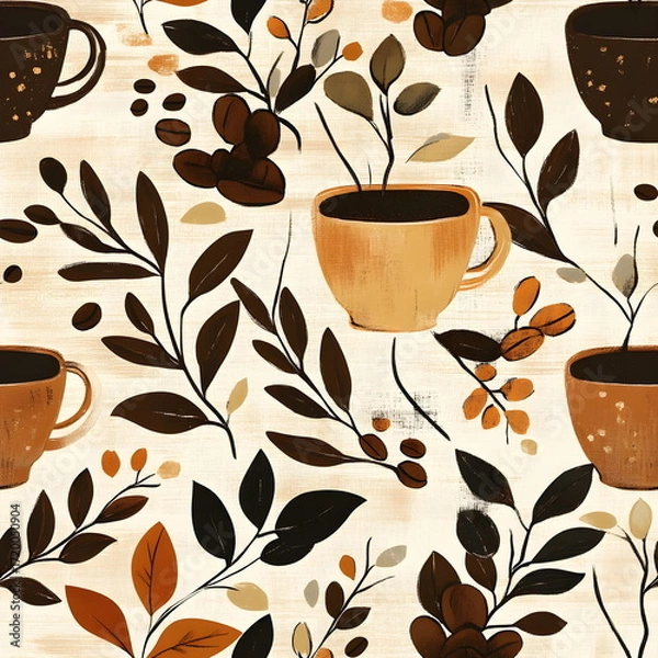 Fototapeta Rustic coffee seamless pattern featuring cups, beans, and branches in warm earthy tones, cozy and inviting design perfect for kitchen textiles, café branding, packaging, and stylish coffee-themed.