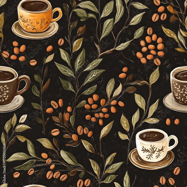 Fototapeta Rustic coffee seamless pattern featuring cups, beans, and branches in warm earthy tones, cozy and inviting design perfect for kitchen textiles, café branding, packaging, and stylish coffee-themed.