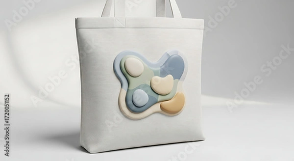 Fototapeta White Tote Bag Featuring Muted Abstract Layered Organic Shape Design