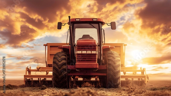 Fototapeta Farmer on Red Tractor Cultivating Soybean Field at Spring Sunset