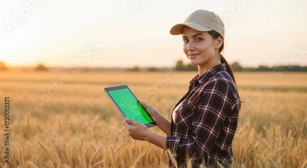 Fototapeta Female farmer using a digital tablet in a golden wheat field at sunset. Modern agriculture and smart farming technology concept