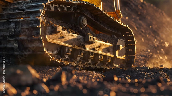 Fototapeta Excavator track detail in macro shot over rugged terrain