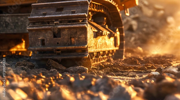 Fototapeta Industrial detail of excavator crawler tracks on soil