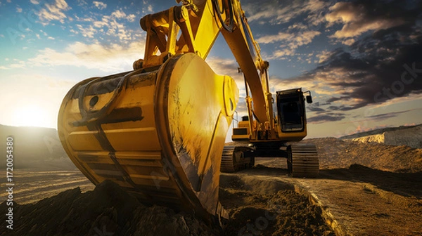 Fototapeta Construction scene with yellow excavator in action, low view
