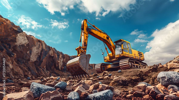 Fototapeta Yellow Excavator in Rocky Quarry with Raised Bucket and Cliffs
