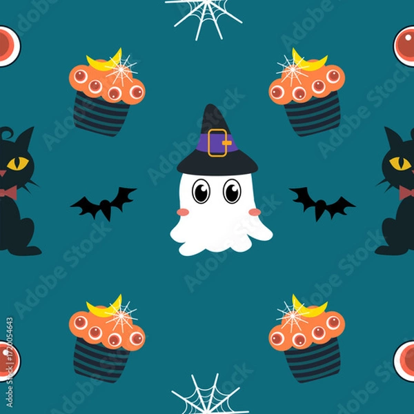 Fototapeta A seamless Halloween pattern featuring pumpkins, bats, ghosts, and spooky elements in festive colors. Perfect for seasonal backgrounds and decorations.