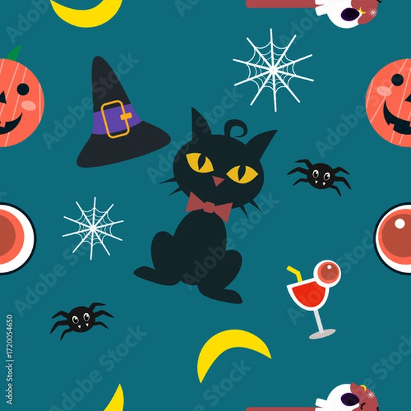 Fototapeta A seamless Halloween pattern featuring pumpkins, bats, ghosts, and spooky elements in festive colors. Perfect for seasonal backgrounds and decorations.