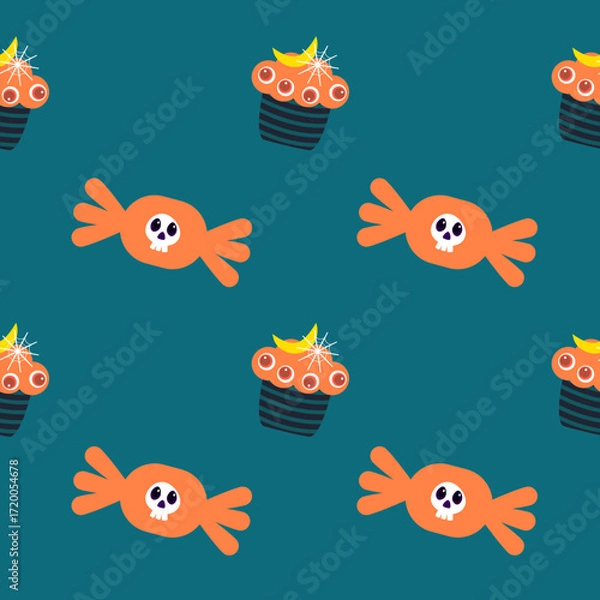Fototapeta A seamless Halloween pattern featuring pumpkins, bats, ghosts, and spooky elements in festive colors. Perfect for seasonal backgrounds and decorations.