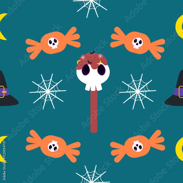Fototapeta A seamless Halloween pattern featuring pumpkins, bats, ghosts, and spooky elements in festive colors. Perfect for seasonal backgrounds and decorations.