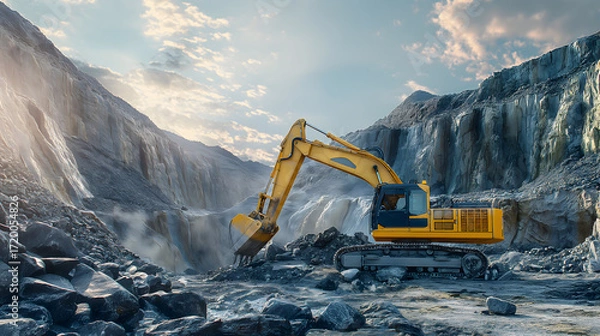Fototapeta Heavy machinery in quarry with raised bucket and rock backdrop