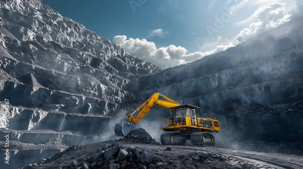 Fototapeta Heavy machinery in quarry with raised bucket and rock backdrop