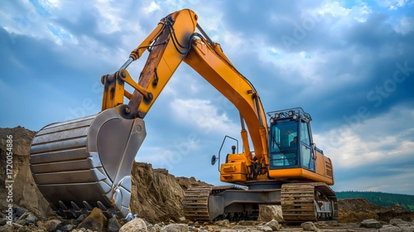 Fototapeta Yellow excavator working in stone quarry with steep walls