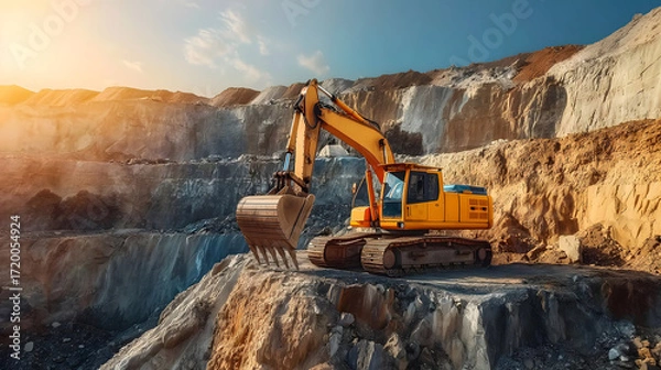 Fototapeta Yellow excavator working in stone quarry with steep walls