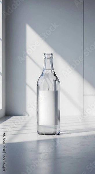 Fototapeta Clear Glass Water Bottle with Blank Label on White Minimalist Background