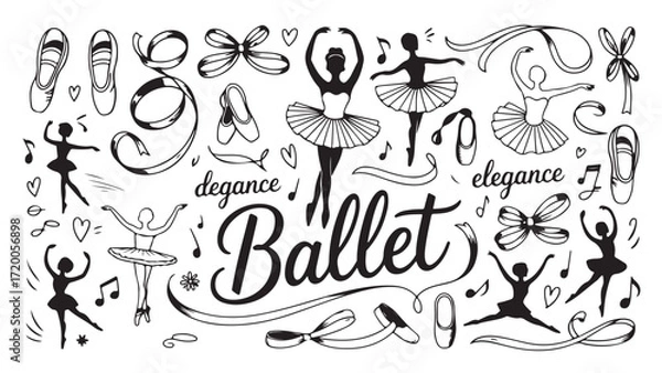 Fototapeta Elegant Ballet dancer silhouettes and accessories ribbons and pointe shoes graphic design elements representing grace art and elegance