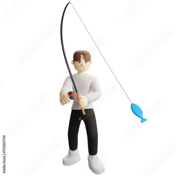 Fototapeta A man fishing on a boat in the middle of the ocean - 3D render