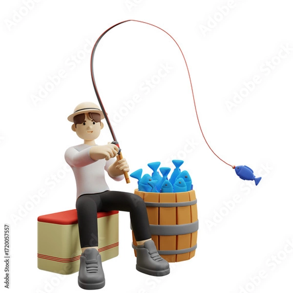 Fototapeta A man fishing on a boat in the middle of the ocean - 3D render