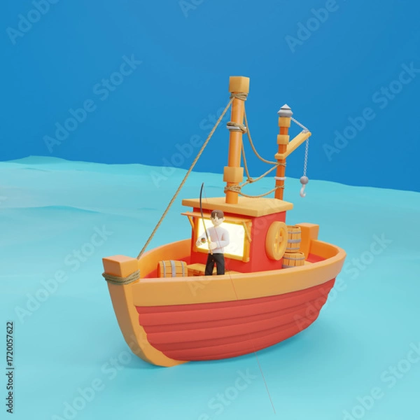 Fototapeta A man fishing on a boat in the middle of the ocean - 3D render