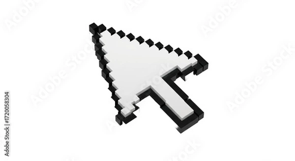 Fototapeta 3D Black and white cursor arrow pointing up and to the left on a white background. Retro-style arrow cursor. a retro pixel white cursor arrow pointer icon.