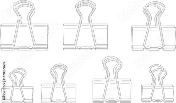 Fototapeta Metal binder clips, office supplies on a plain white background
