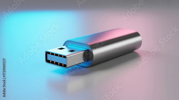 Fototapeta Sleek metallic usb flash drive with modern design on gradient background