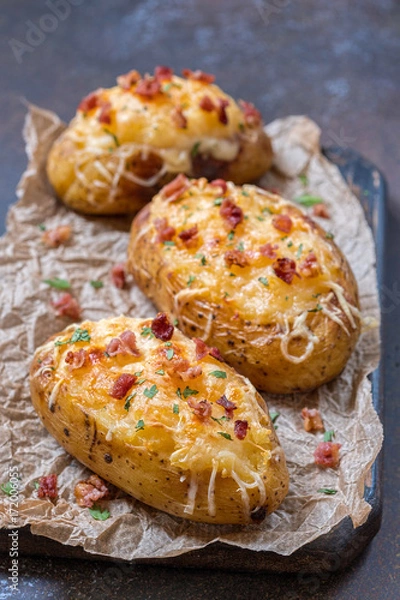 Obraz Baked loaded potato with bacon, cheese and onion