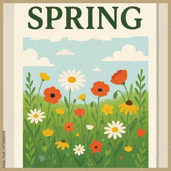 Fototapeta Bright colorful flower meadow in spring, fresh green grass, butterflies flying, warm sunshine, joyful atmosphere