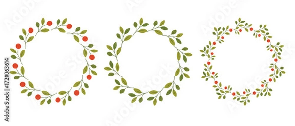 Fototapeta Set of three botanical wreaths with green leaves and red berries, decorative floral vector illustration