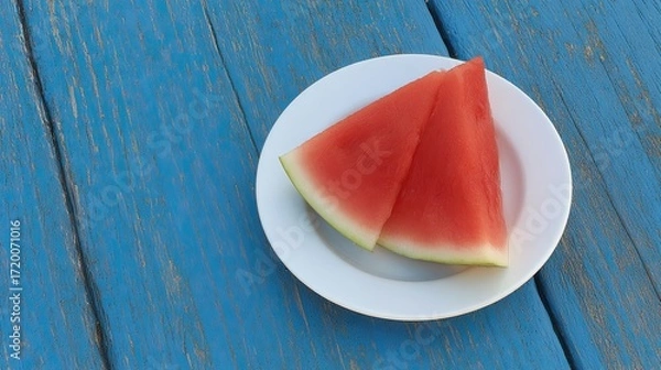 Fototapeta Fresh Watermelon Slices on a White Plate Resting on a Blue Wooden Table in Summer Sunlight