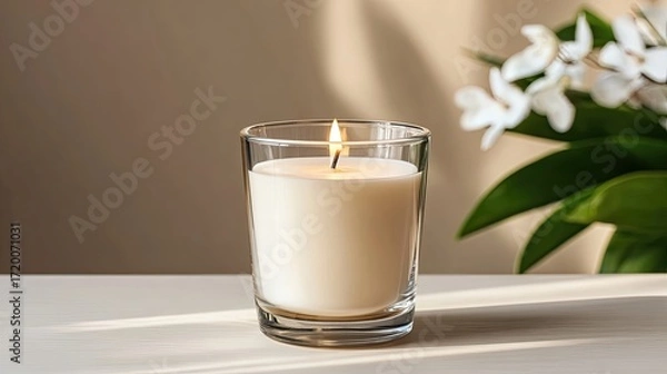 Fototapeta White Candle Burning Softly on a Neutral Background With Natural Light Creating a Warm Ambiance