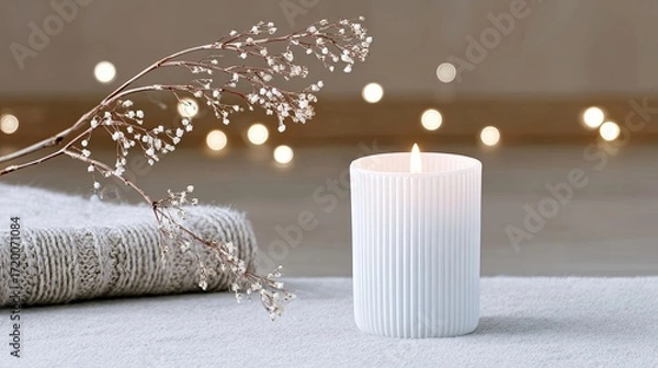 Fototapeta Soft and Serene White Candle Surrounded by Delicate Flowers on Neutral Background