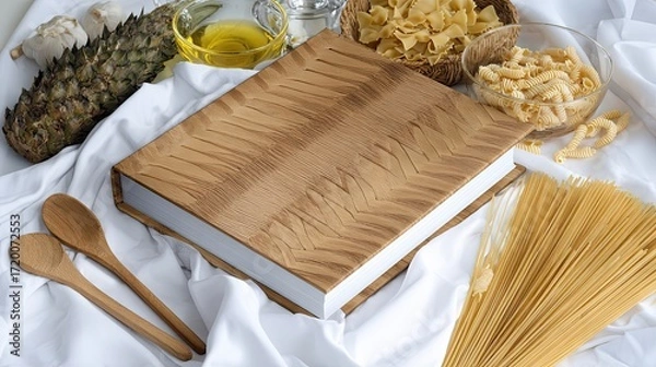 Fototapeta Rustic Wooden Cutting Board and Empty Cookbook Surrounded by Pasta and Cooking Ingredients