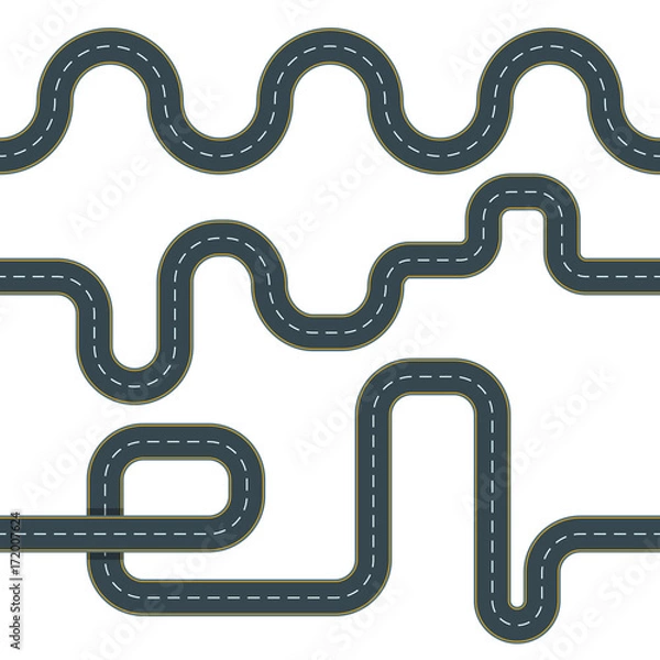 Obraz Set of seamless vector winding road background. Asphalt roads with road marking. Illustration of highway isolated on white. Street traffic and transport design template.