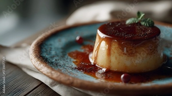Fototapeta A delectable flan dessert drizzled with rich caramel sauce garnished with mint and berries on a rustic plate