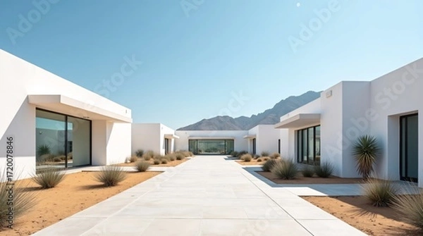 Fototapeta Modern white buildings with desert landscaping and distant mountains under a clear blue sky.