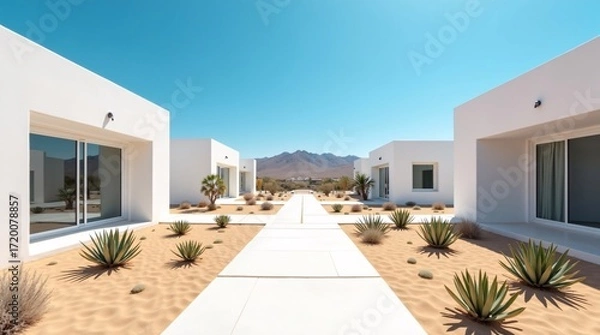 Fototapeta Modern white buildings with desert landscaping and distant mountains under a clear blue sky.