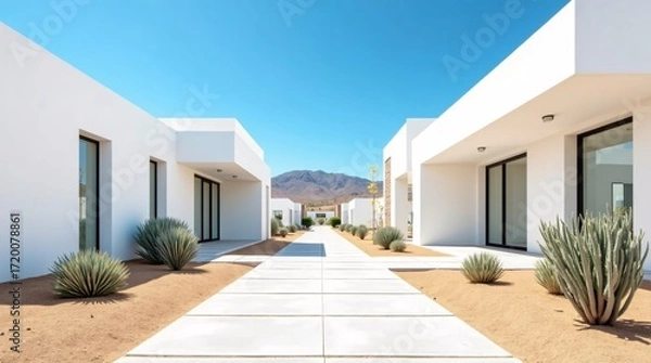 Fototapeta Modern white buildings with desert landscaping and distant mountains under a clear blue sky.