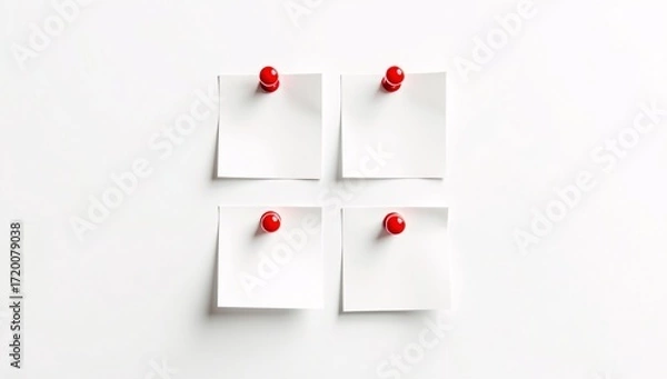 Fototapeta Four blank white sticky notes pinned with red pushpins on a white background.