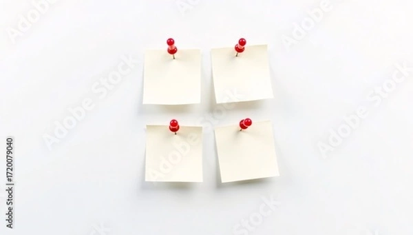 Fototapeta Four blank sticky notes pinned with red pushpins on a white background.
