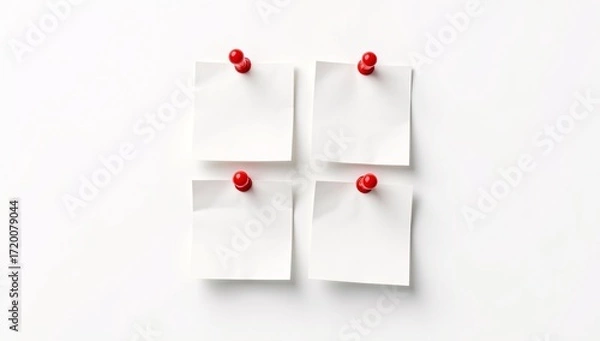 Fototapeta Four blank white sticky notes pinned with red pushpins on a white background.