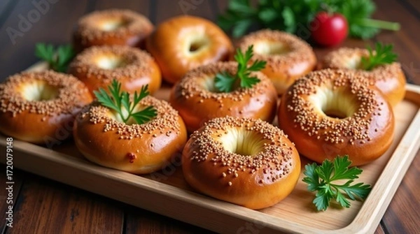 Fototapeta A wooden tray holds several sesame topped bagels, garnished with parsley.