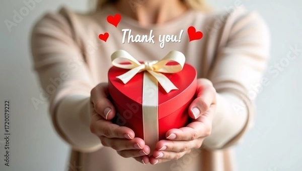 Fototapeta A person holds a red heart shaped gift box with a gold ribbon, and "Thank you!" with red hearts is above it.