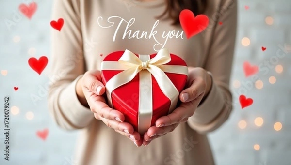 Fototapeta A person holds a red heart shaped gift box with a cream ribbon, and "Thank you" with red hearts is around.