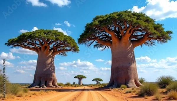Fototapeta A dirt road flanked by large baobab trees under a bright blue sky with scattered clouds.