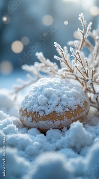 Fototapeta Pastel Balloons Adrift Over Snowy Branches in Winter Wonderland with Ribbon Streamers and Snowflakes Gleaming