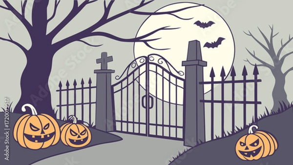 Fototapeta Spooky halloween scene with a gate, pumpkins, and bats flying in the full moon night sky vector background